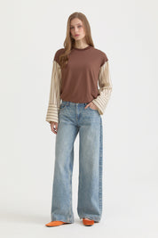 Geniş Manşetli Ribanalı Örme Rayon Sweat - Kahve