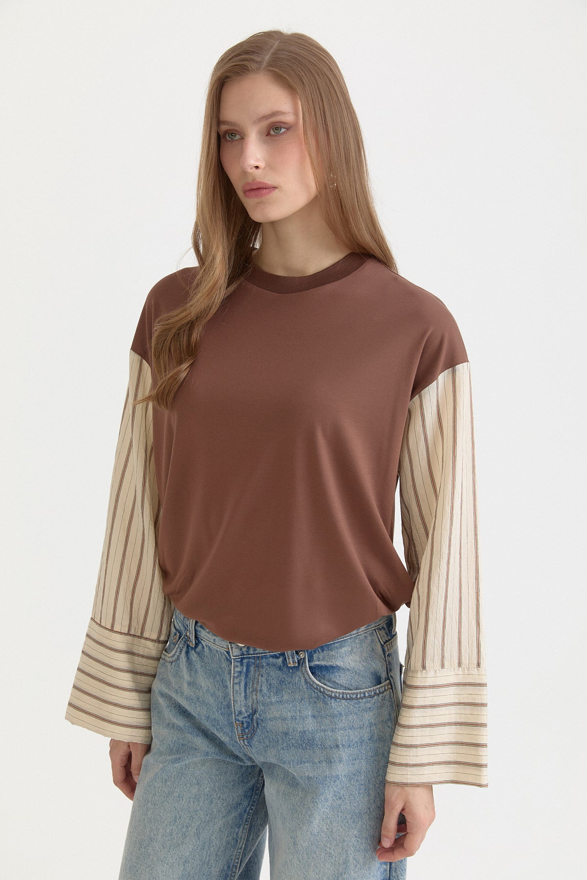 Geniş Manşetli Ribanalı Örme Rayon Sweat - Kahve