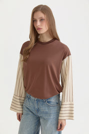Geniş Manşetli Ribanalı Örme Rayon Sweat - Kahve