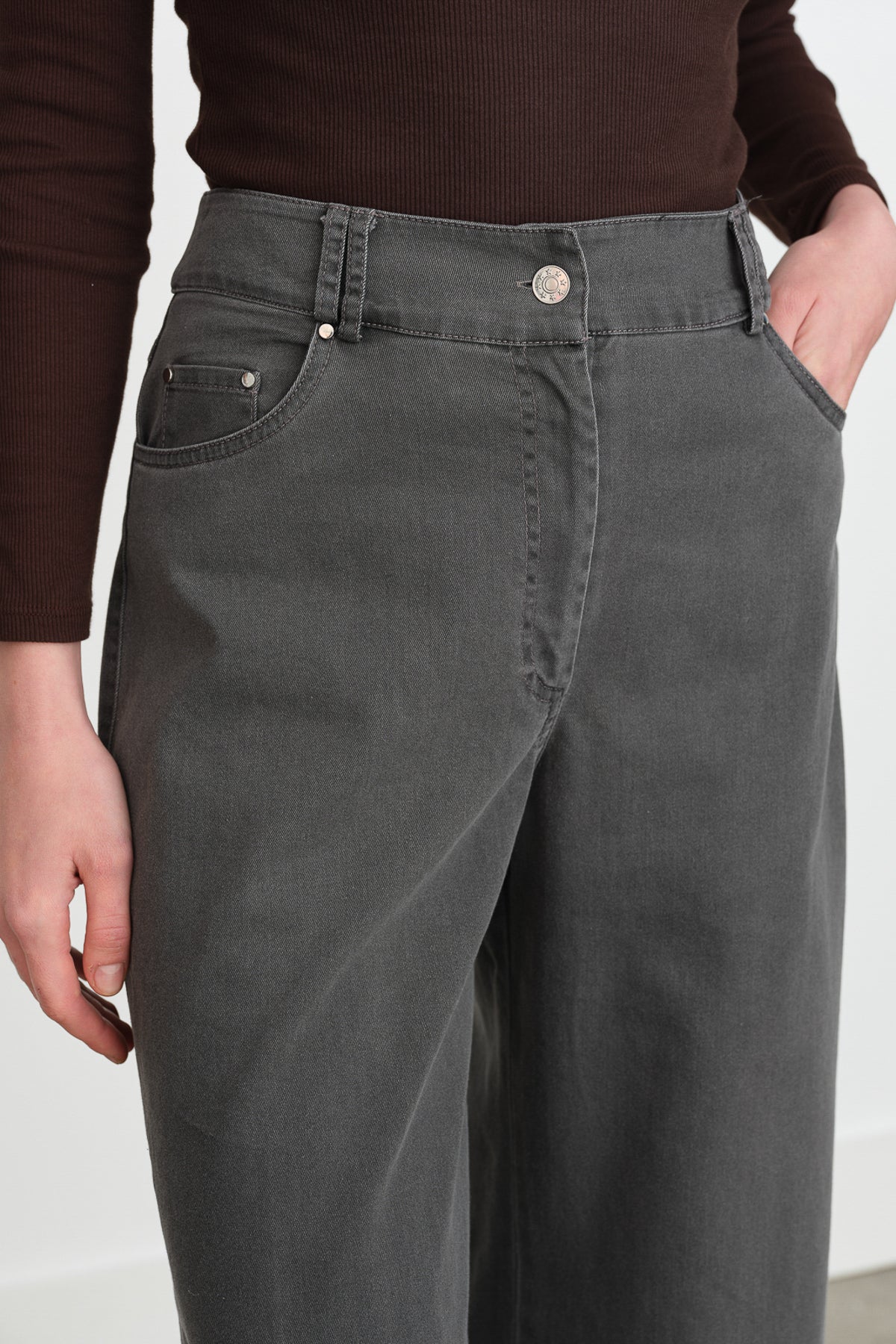 Geniş Paça Kot Denim Pantolon - Gri