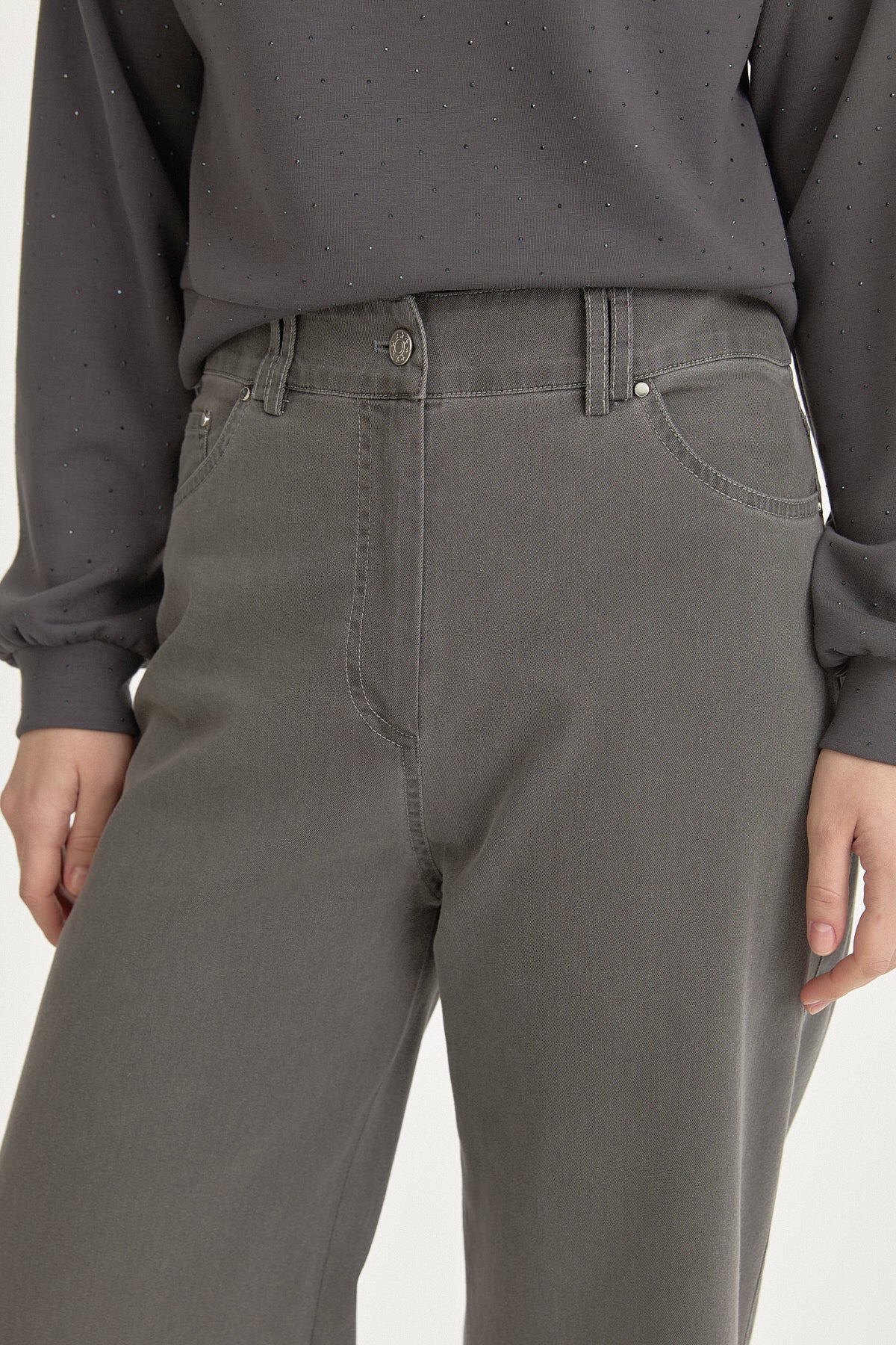 Geniş Paçalı Denim Pamuk Pantolon - Füme