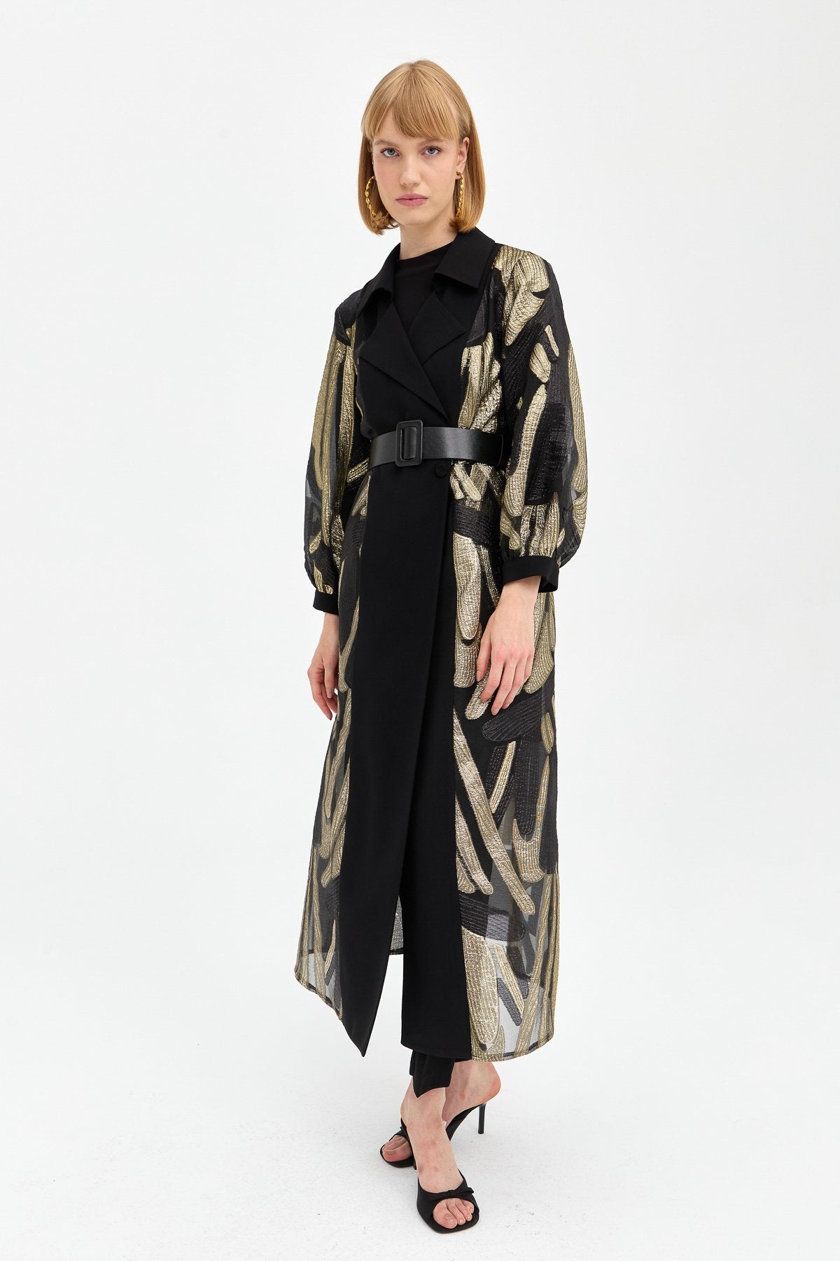 Elegant Long Jacket with Balloon Sleeves and Gold Details - Gold