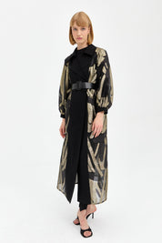 Elegant Long Jacket with Balloon Sleeves and Gold Details - Gold