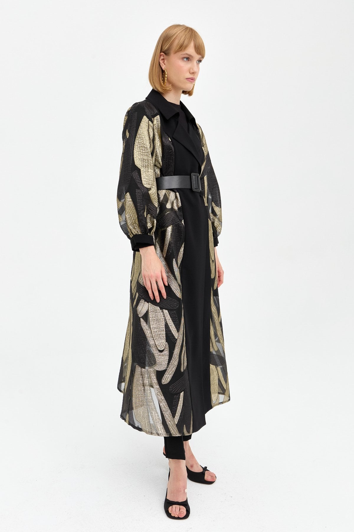Elegant Long Jacket with Balloon Sleeves and Gold Details - Gold