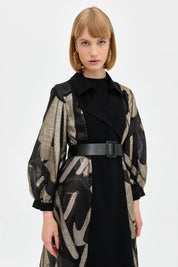 Elegant Long Jacket with Balloon Sleeves and Gold Details - Gold