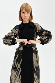 Elegant Long Jacket with Balloon Sleeves and Gold Details - Gold