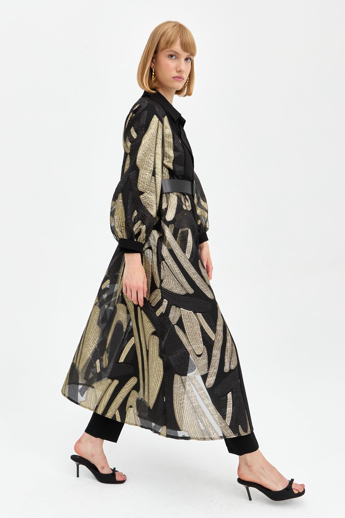 Elegant Long Jacket with Balloon Sleeves and Gold Details - Gold