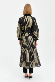 Elegant Long Jacket with Balloon Sleeves and Gold Details - Gold