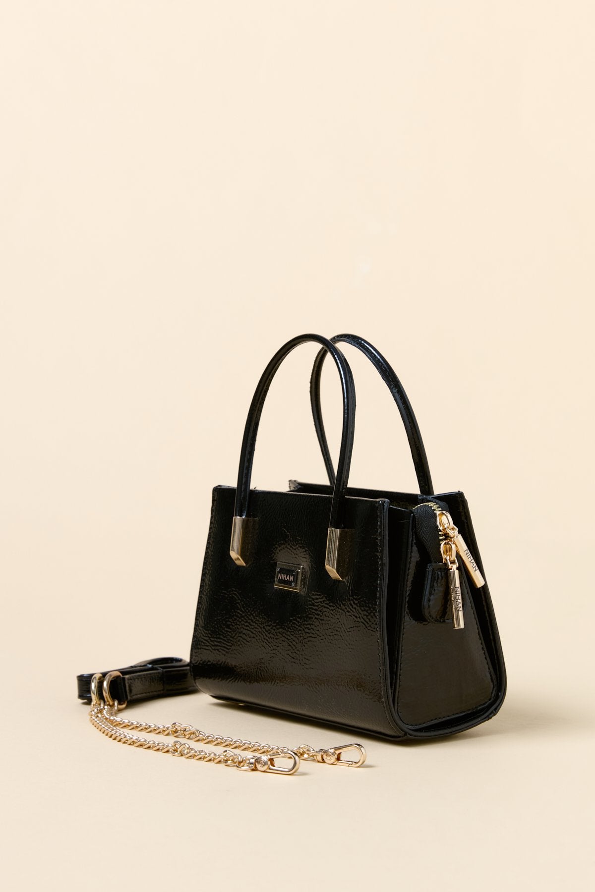 Gold Detaylı Satchel Çanta - Rugan Siyah