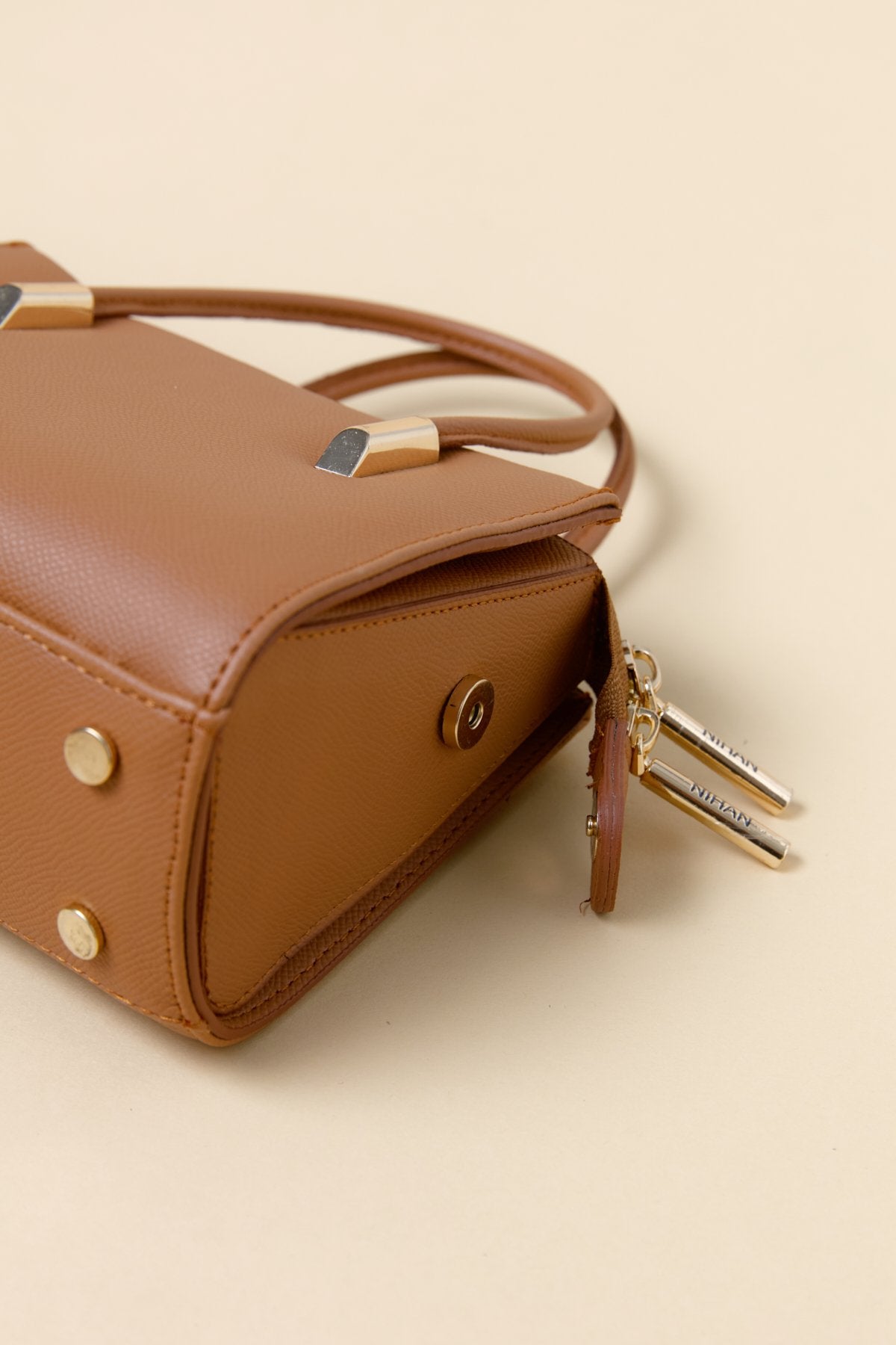 Gold Detailed Satchel Bag - Tan