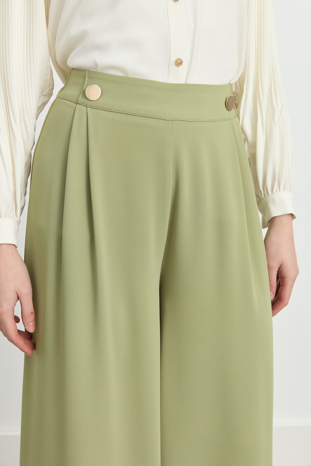 Gold Düğmeli Bol Paça Pantolon - Yeşil