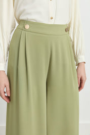 Gold Düğmeli Bol Paça Pantolon - Yeşil