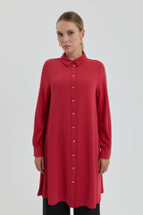 Gold Buttoned Shirt Collar Tunic - Burgundy