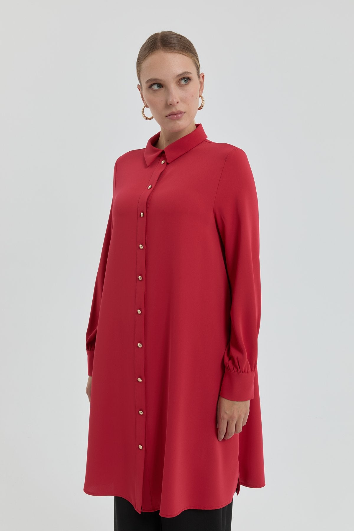 Gold Buttoned Shirt Collar Tunic - Burgundy