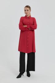 Gold Buttoned Shirt Collar Tunic - Burgundy
