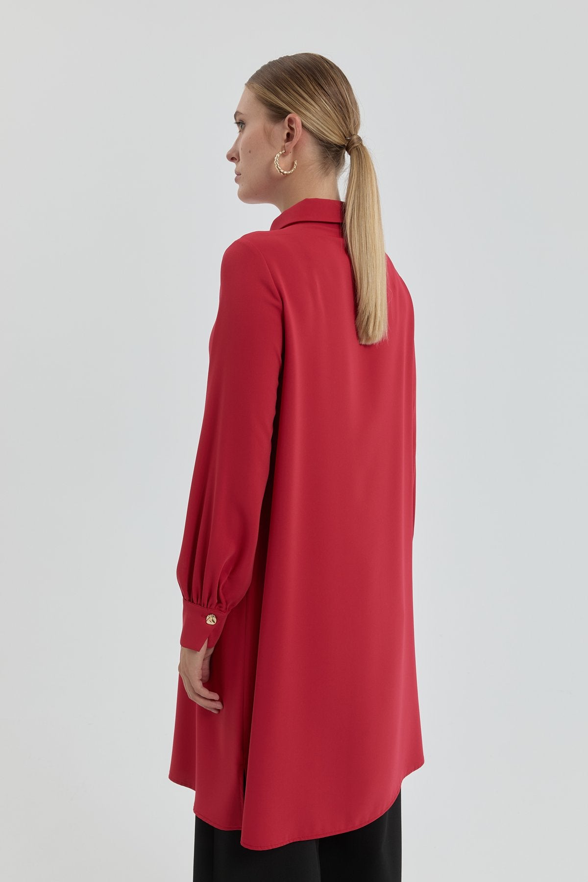 Gold Buttoned Shirt Collar Tunic - Burgundy