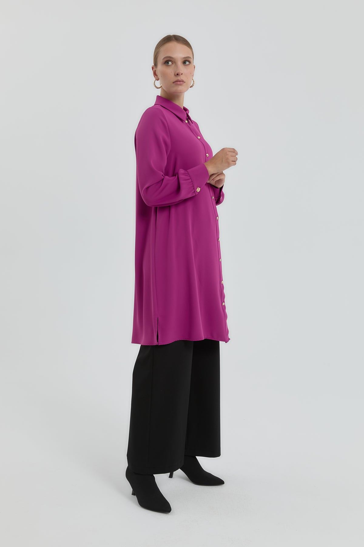 Gold Buttoned Shirt Collar Tunic - Purple