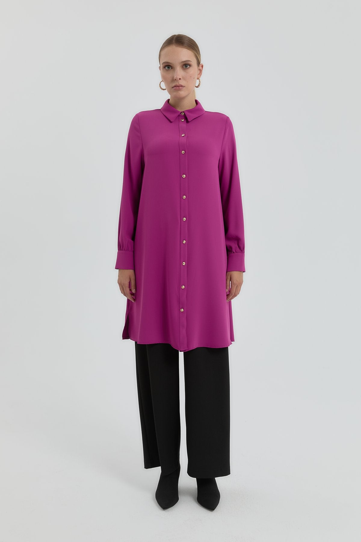Gold Buttoned Shirt Collar Tunic - Purple