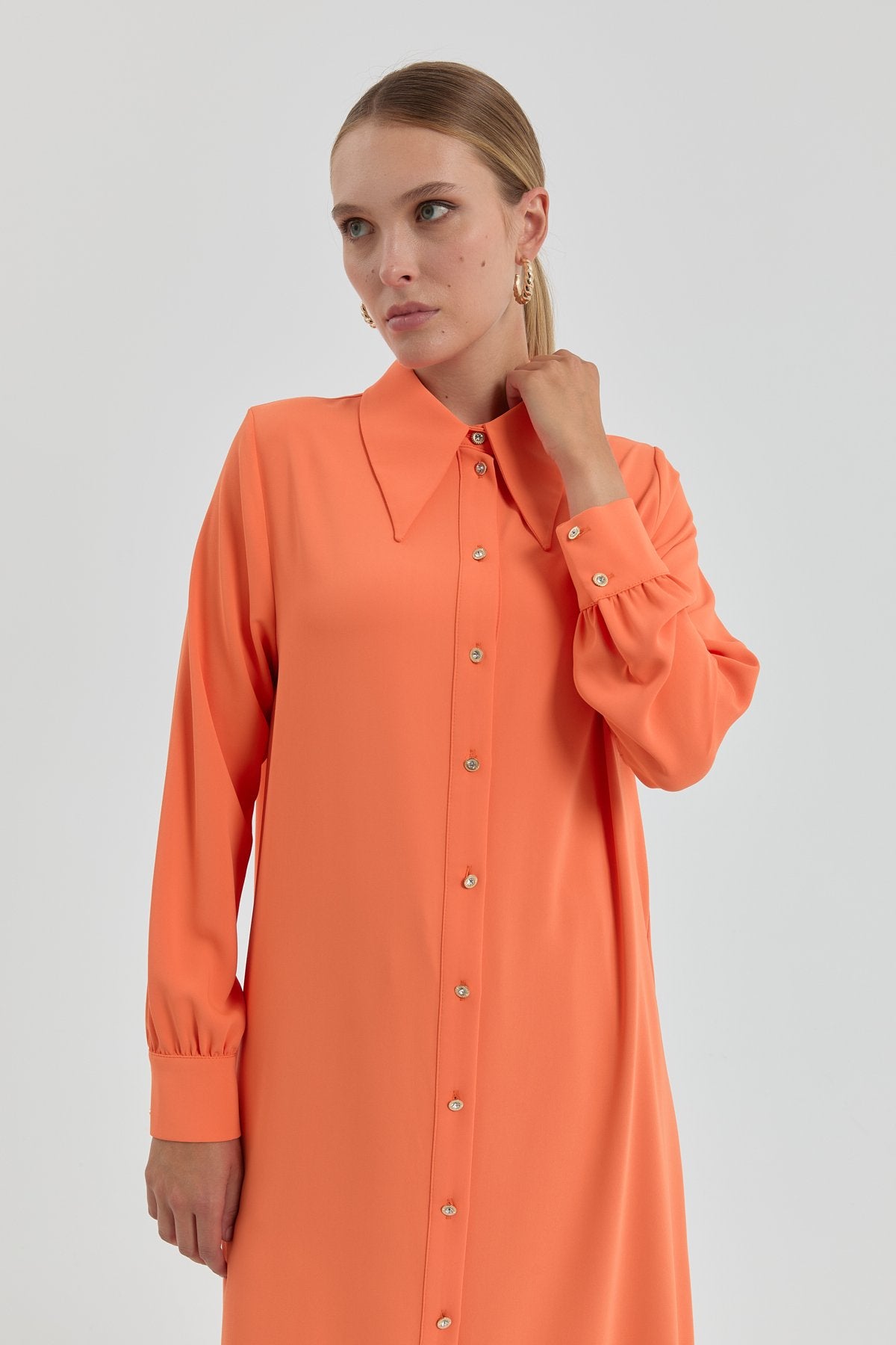 Gold Düğmeli Gömlek Yaka Tunik - Oranj