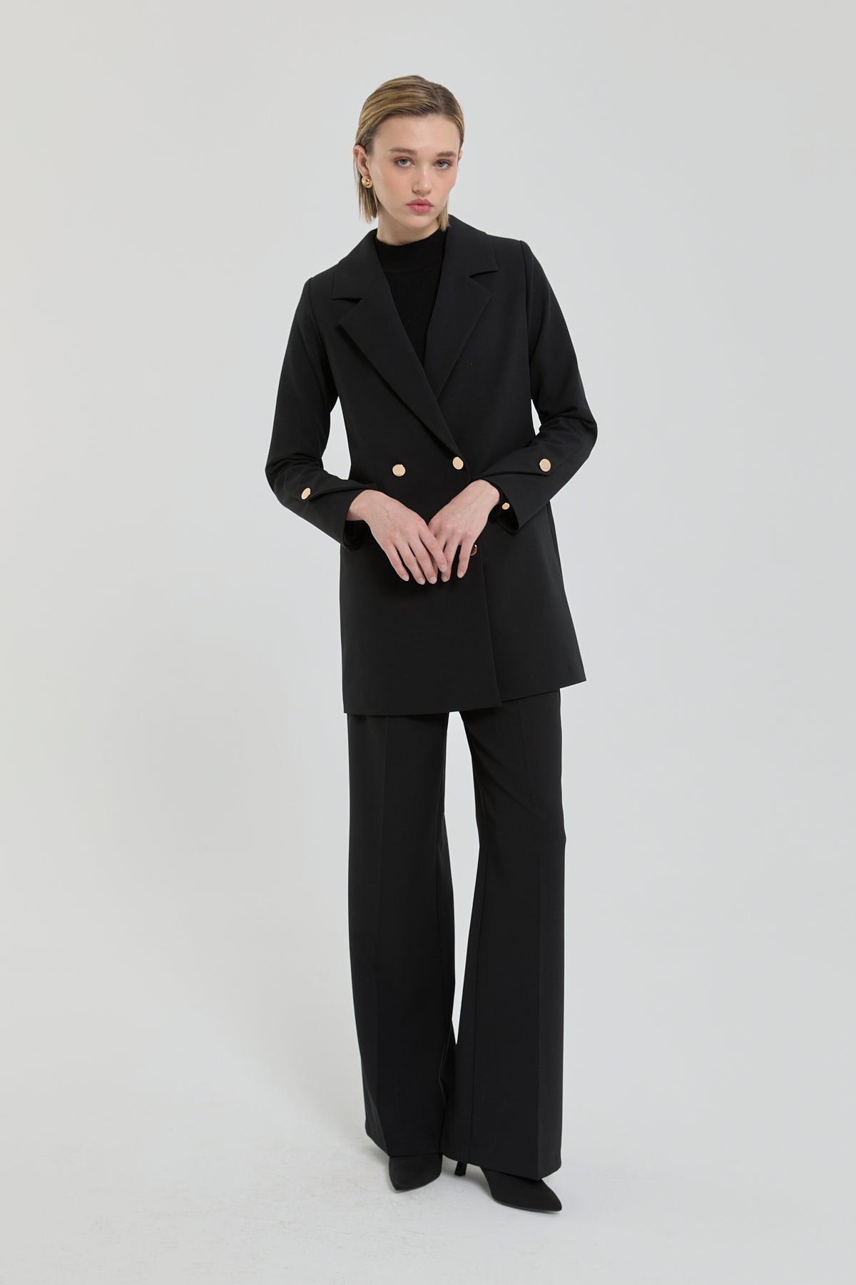 Gold Düğmeli Kruvaze Blazer Ceket - Siyah