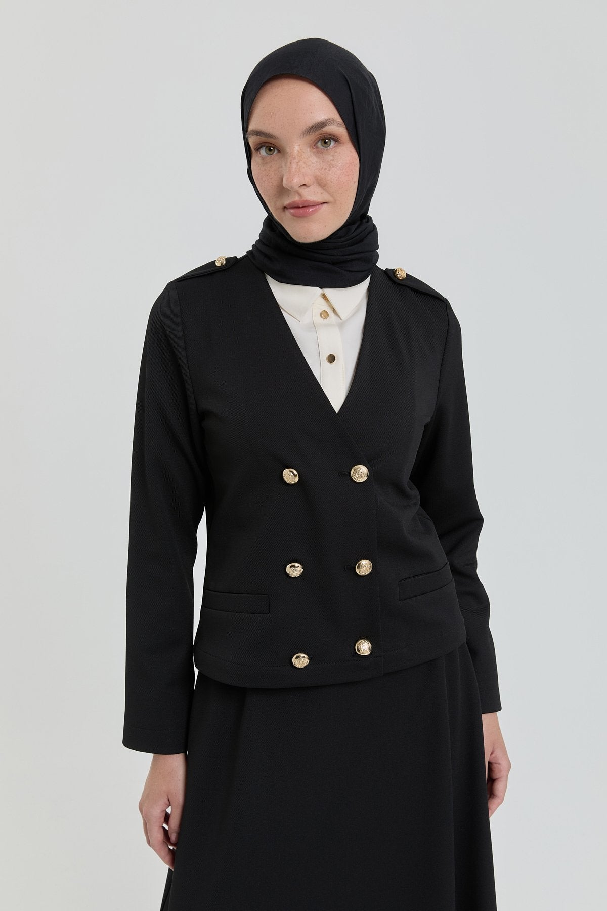 Gold Buttoned Knitted Skirt and Jacket Set - Black
