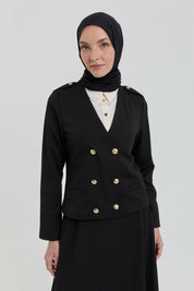 Gold Buttoned Knitted Skirt and Jacket Set - Black