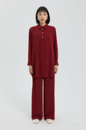 Gold Düğmeli Pantolon Tunik Takım - Bordo