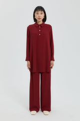 Gold Düğmeli Pantolon Tunik Takım - Bordo