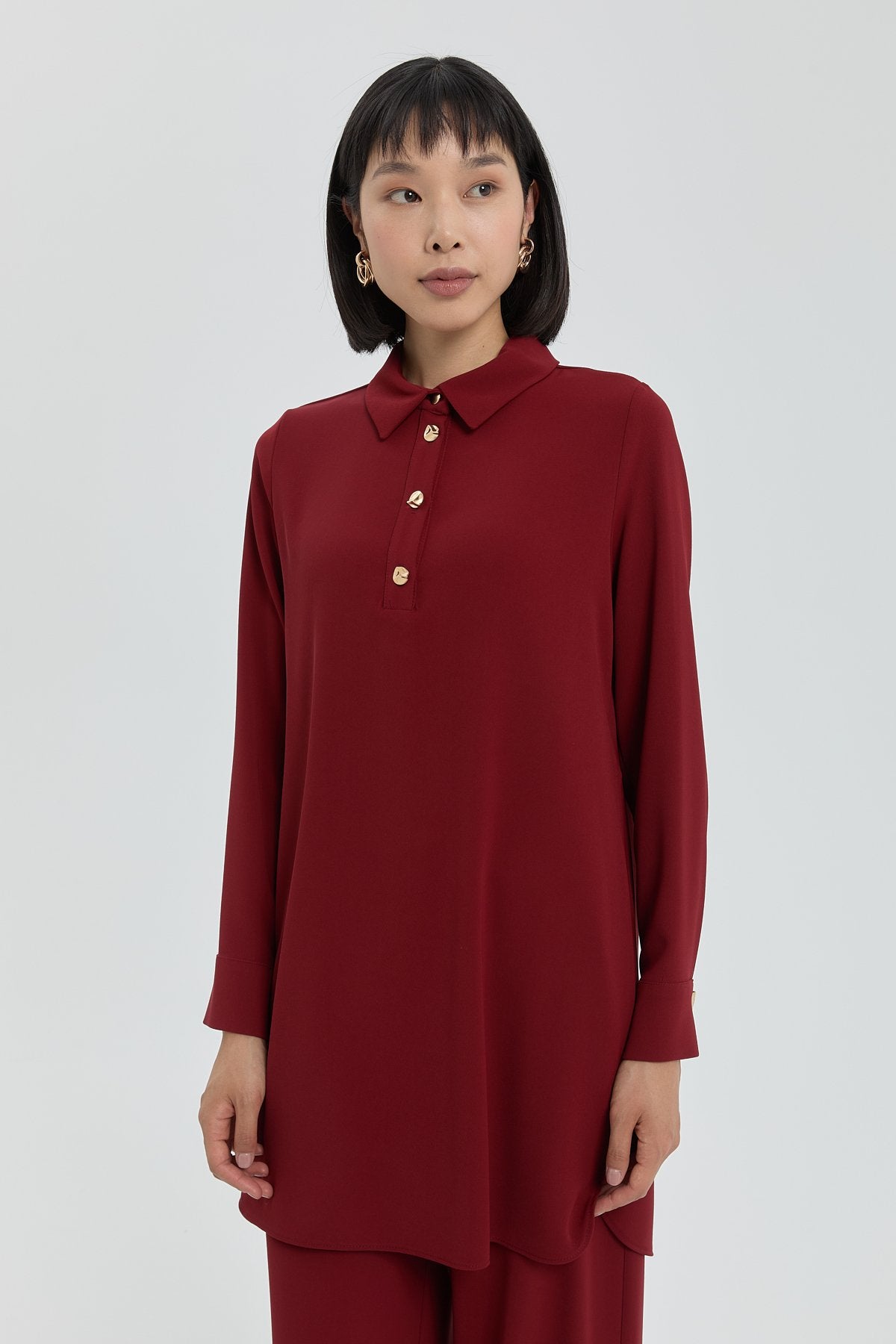 Gold Düğmeli Pantolon Tunik Takım - Bordo