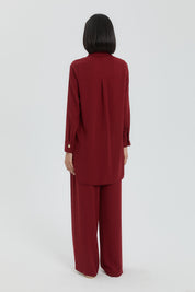 Gold Düğmeli Pantolon Tunik Takım - Bordo