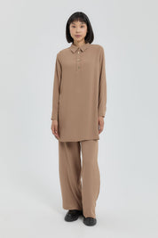 Gold Düğmeli Pantolon Tunik Takım - Camel