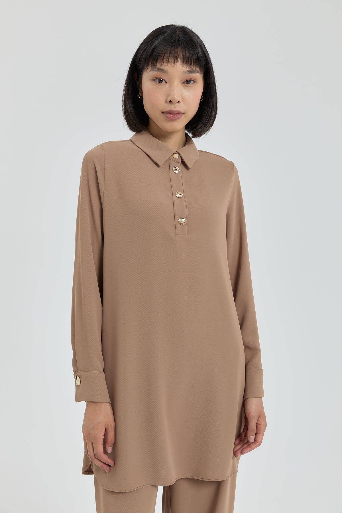 Gold Düğmeli Pantolon Tunik Takım - Camel