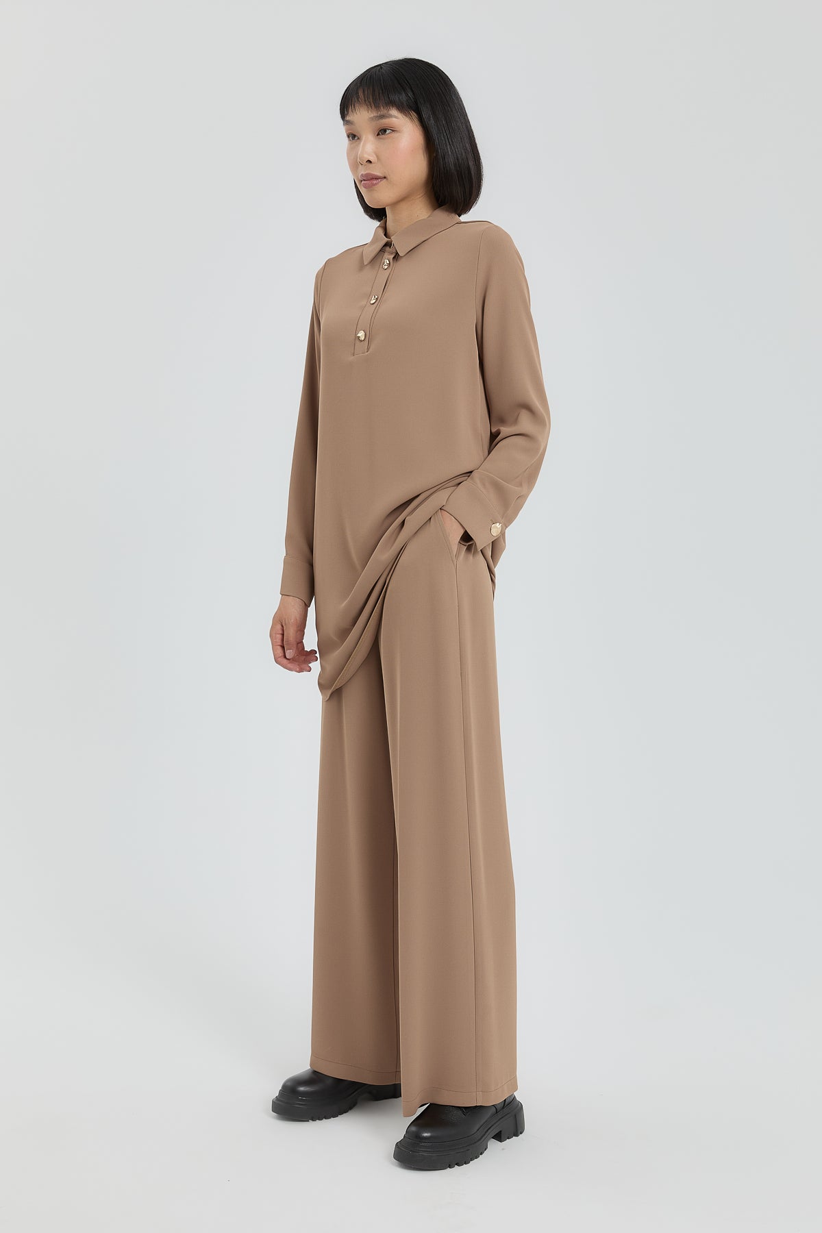Gold Düğmeli Pantolon Tunik Takım - Camel
