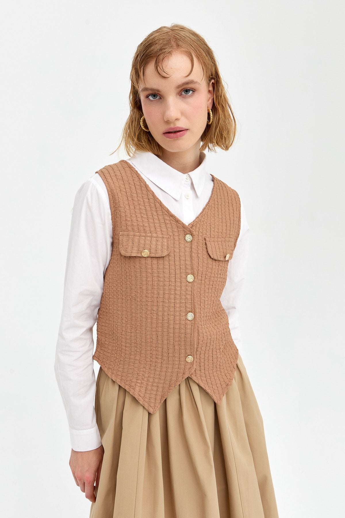 Gold Buttoned Vest - Beige