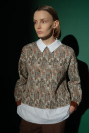 Shirt-Style Knitted Sweatshirt - Light Brown