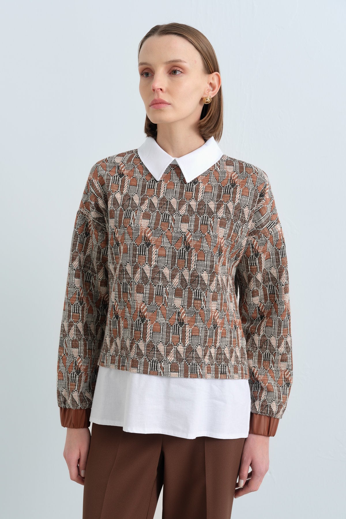 Shirt-Style Knitted Sweatshirt - Light Brown