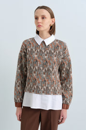 Shirt-Style Knitted Sweatshirt - Light Brown