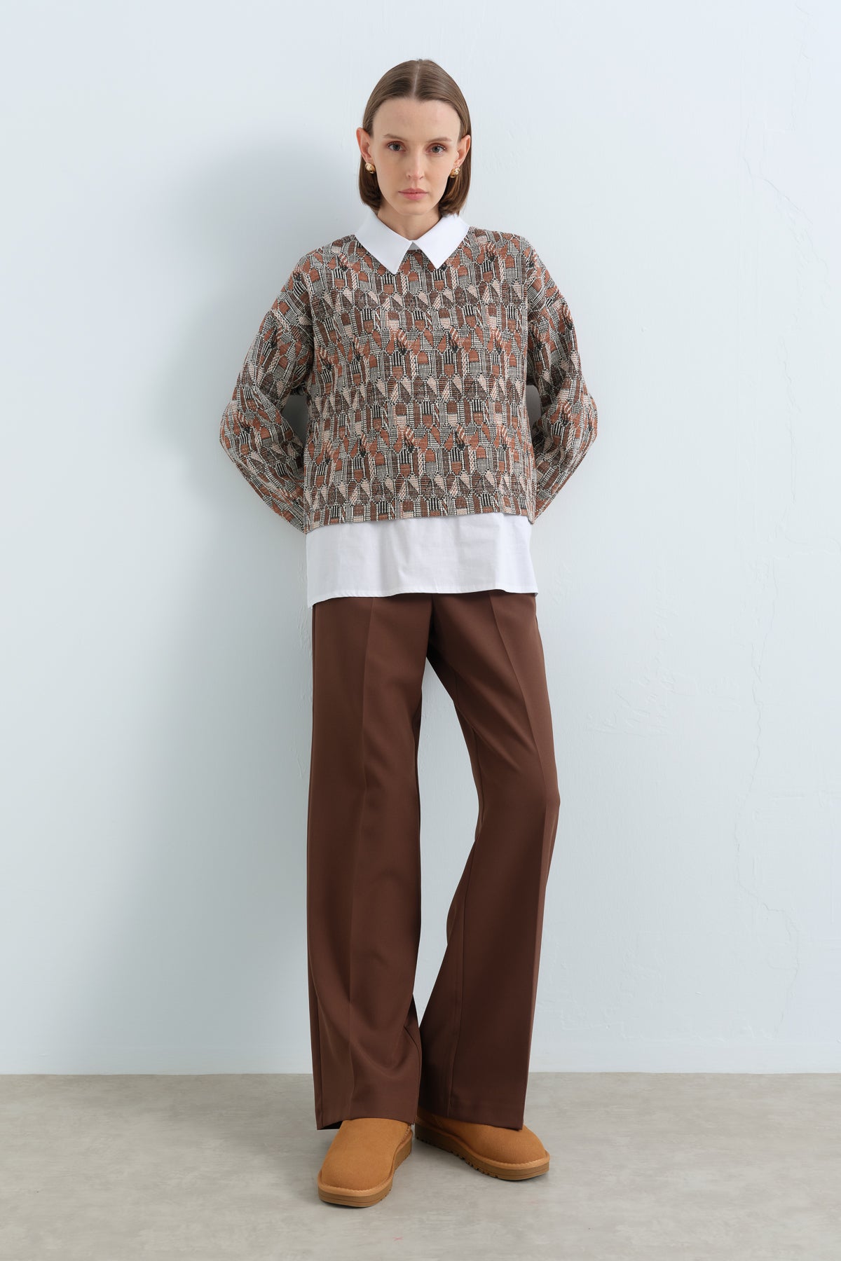 Shirt-Style Knitted Sweatshirt - Light Brown