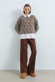 Shirt-Style Knitted Sweatshirt - Light Brown