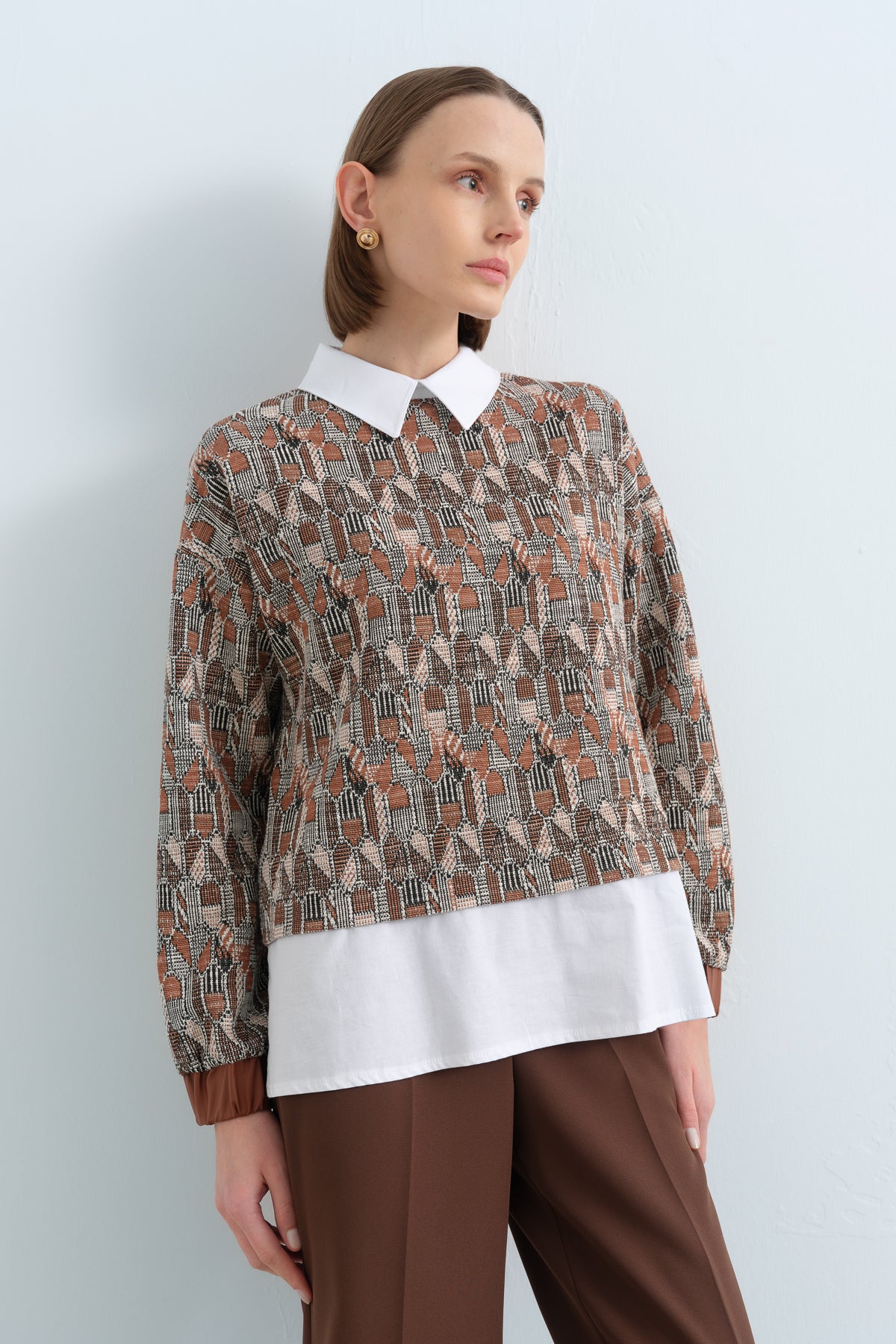 Shirt-Style Knitted Sweatshirt - Light Brown