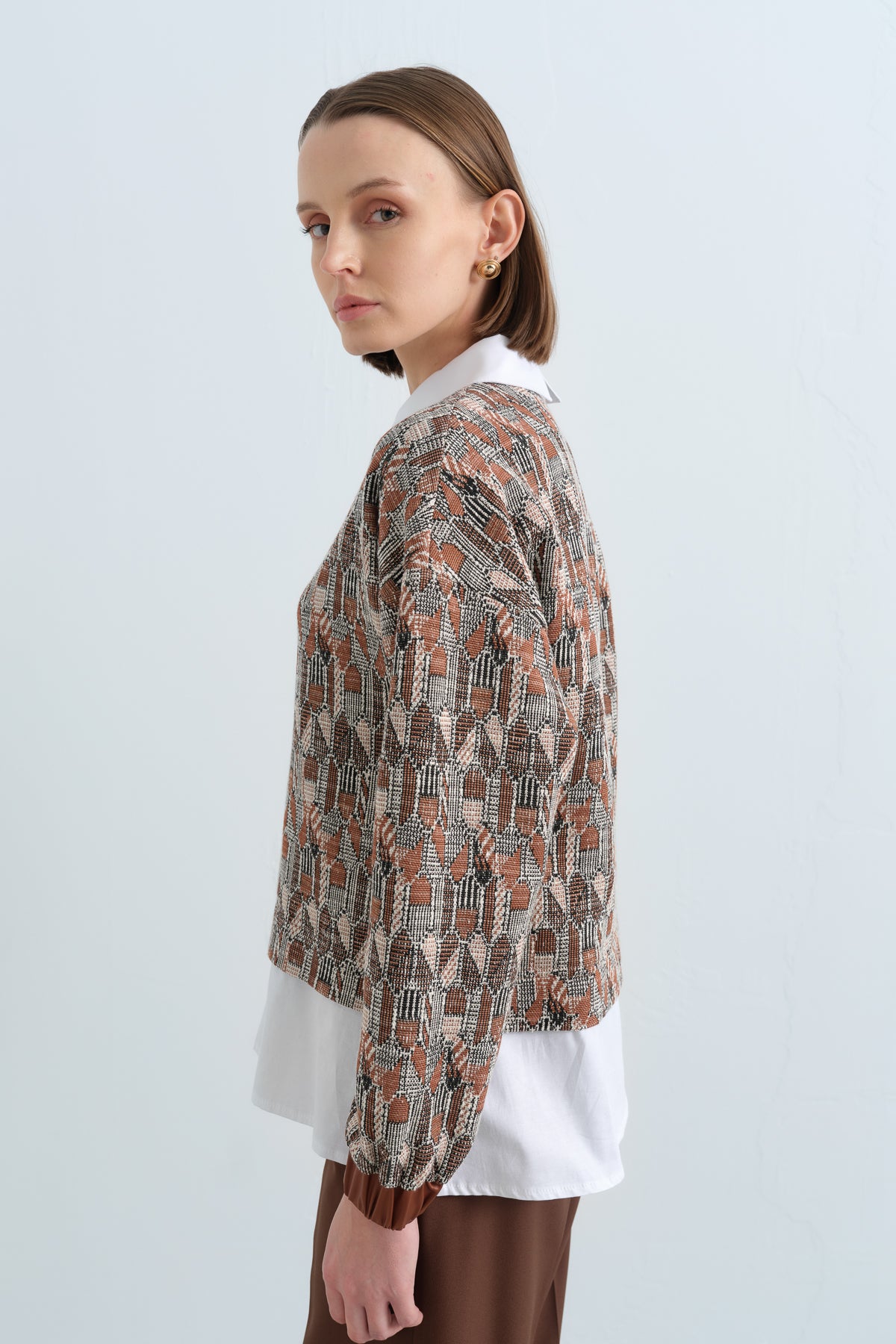 Shirt-Style Knitted Sweatshirt - Light Brown