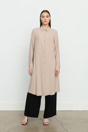 Gömlek Yaka Basic Tunik - Bej