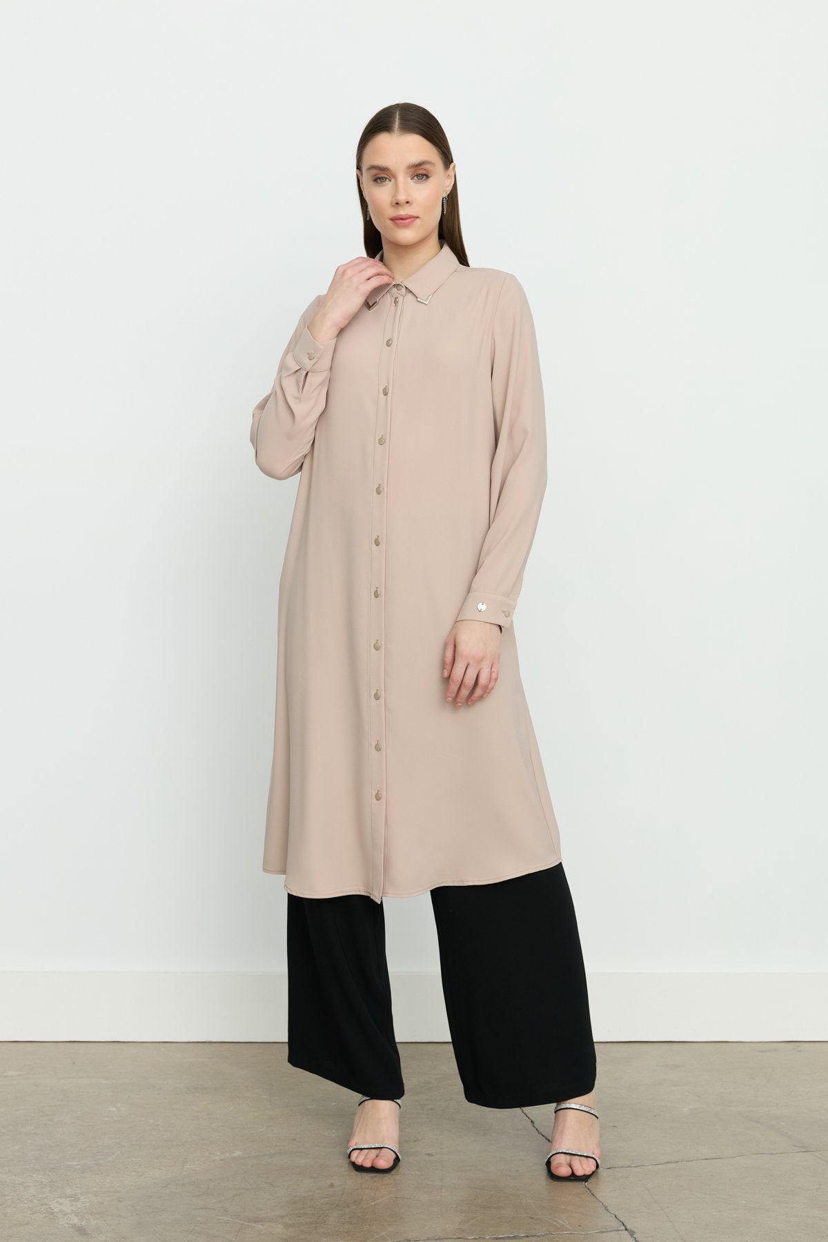 Shirt Collar Basic Tunic - Beige
