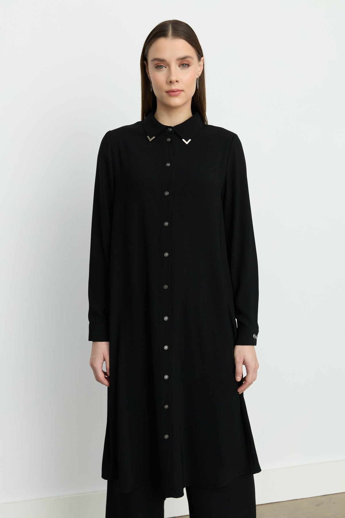Shirt Collar Basic Tunic - Black