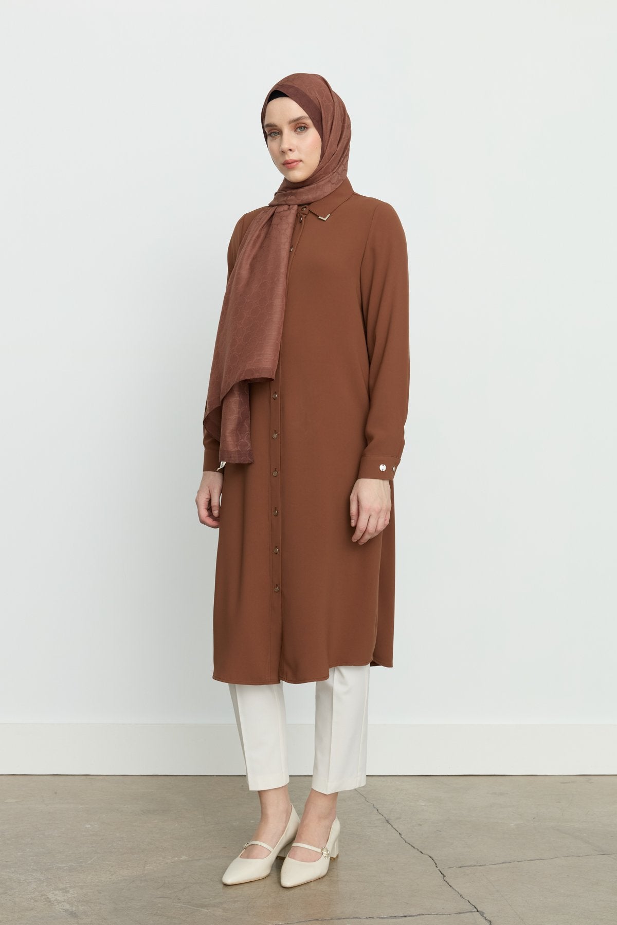 Gömlek Yaka Basic Tunik - Taba