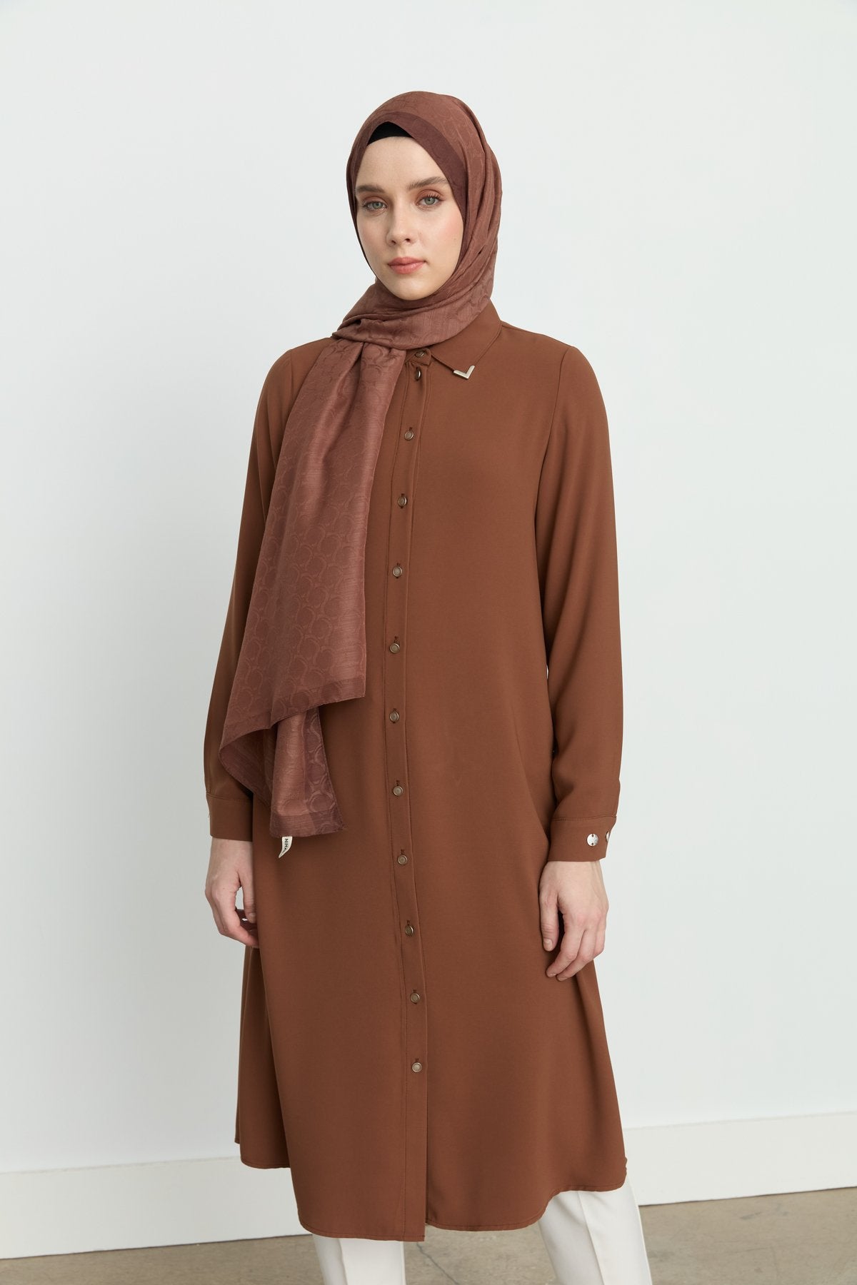Gömlek Yaka Basic Tunik - Taba