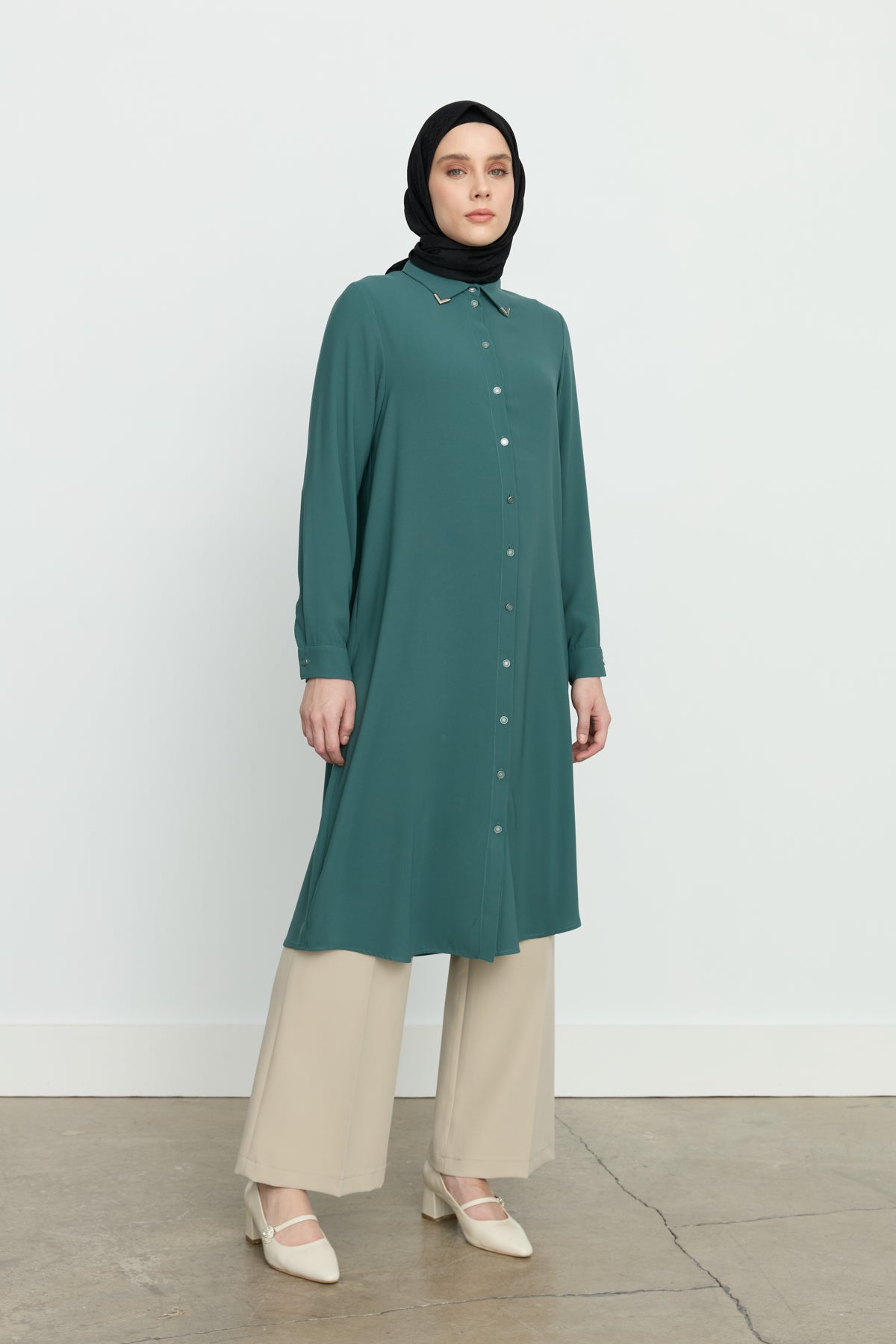 Gömlek Yaka Basic Tunik - Yeşil