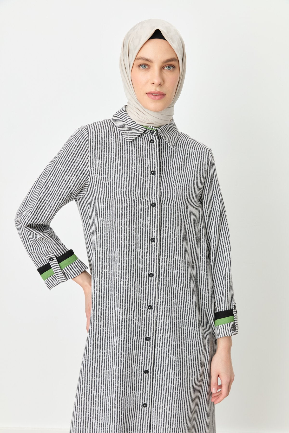 Shirt Collar Striped Linen Tunic - Black