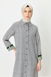 Shirt Collar Striped Linen Tunic - Black