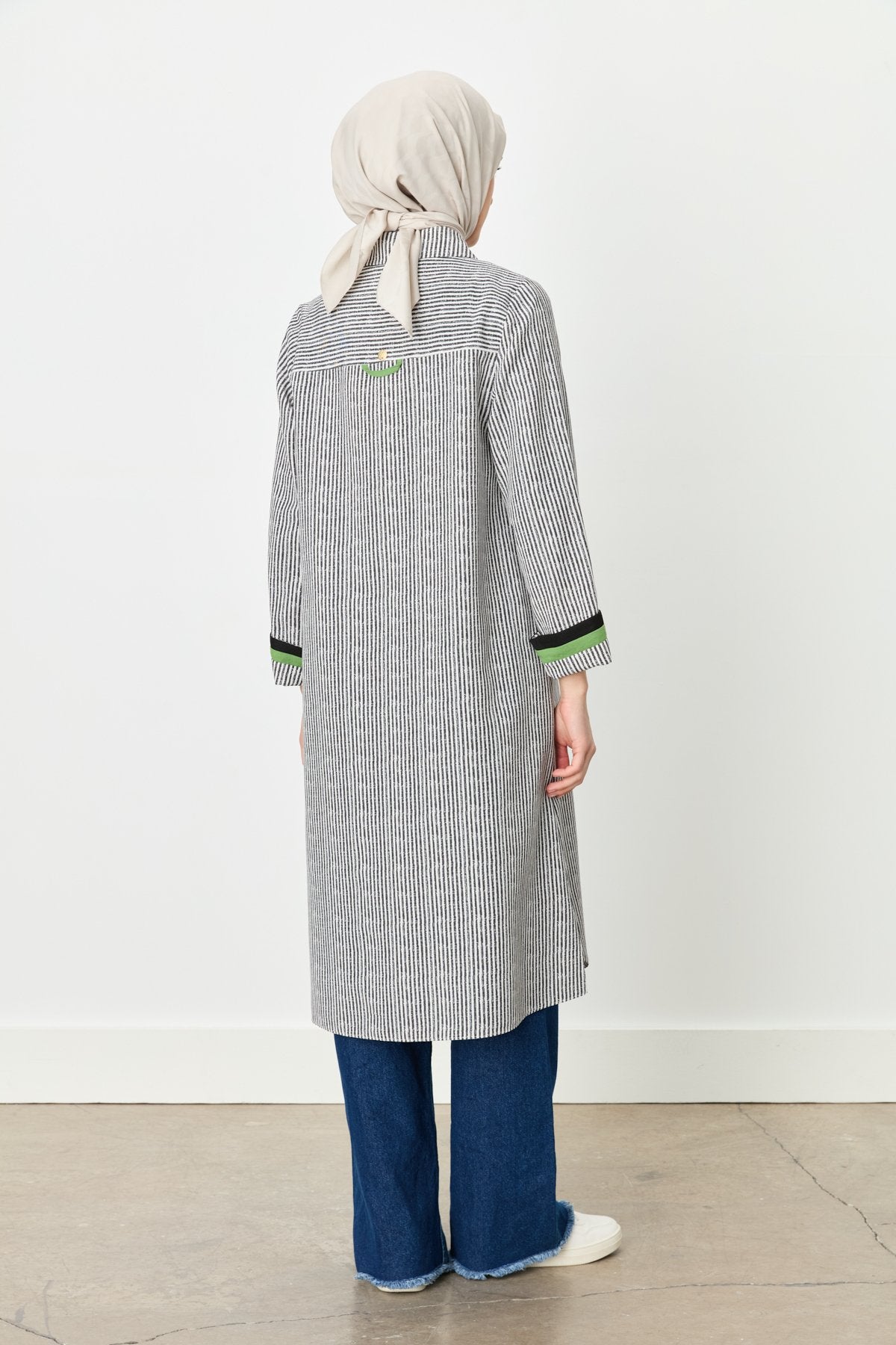 Shirt Collar Striped Linen Tunic - Black